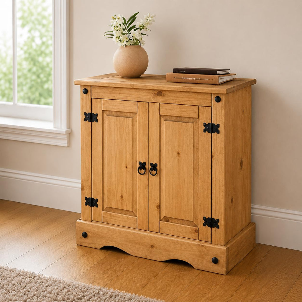 Corona Sideboard Cupboard 2 Door Solid Pine Wood with Wax Finish Mexican Style Black Metal Hardware Internal Shelf - image 3