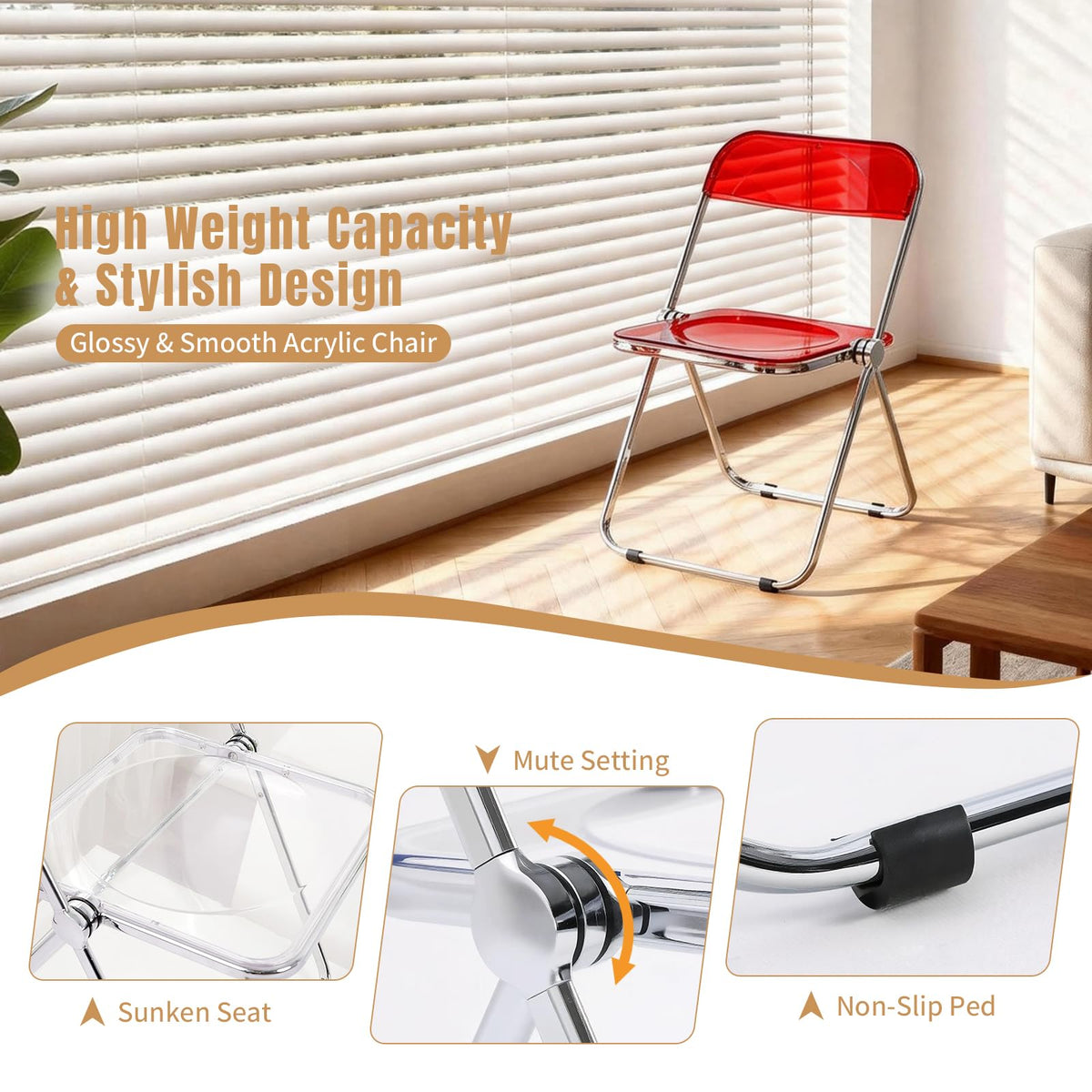 TAO ONE Acrylic Folding Chair Clear Morden Chrome Chair-Red - image 3