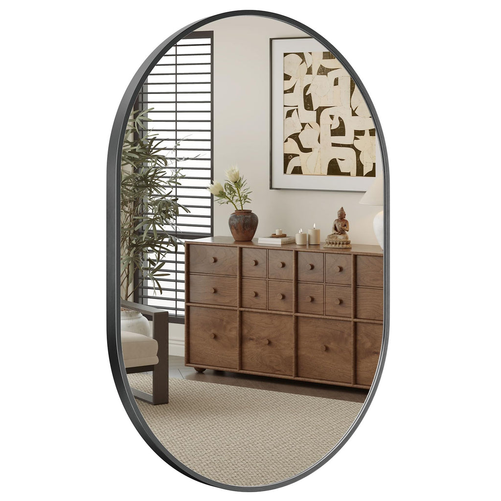 Dripex Oval Wall Mirror | 50x70cm Aluminum Frame Bathroom Mirror – Black