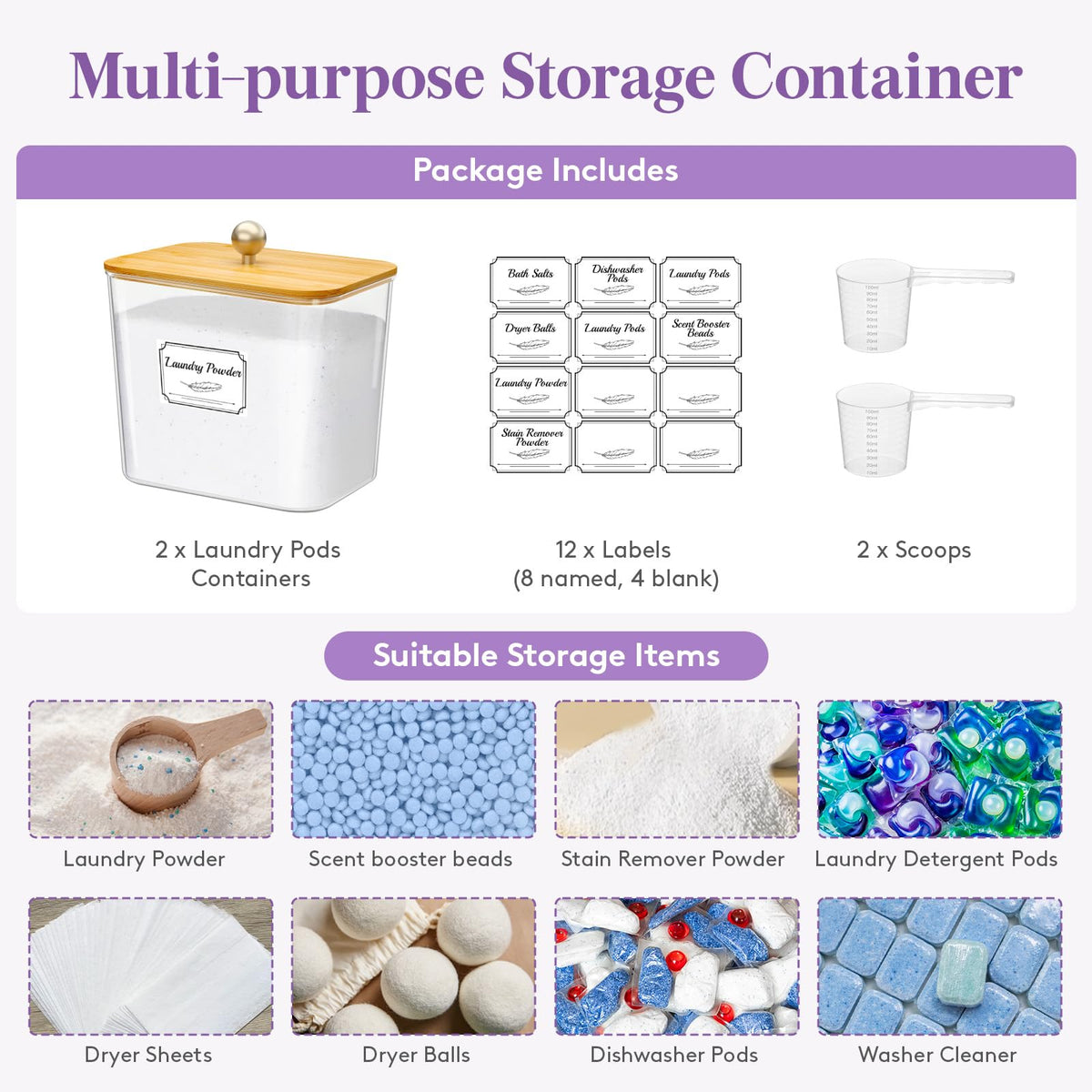 Lifewit Laundry Pods Container with Label Sticker& Scoop, 2L, 2 Pcs - image 3