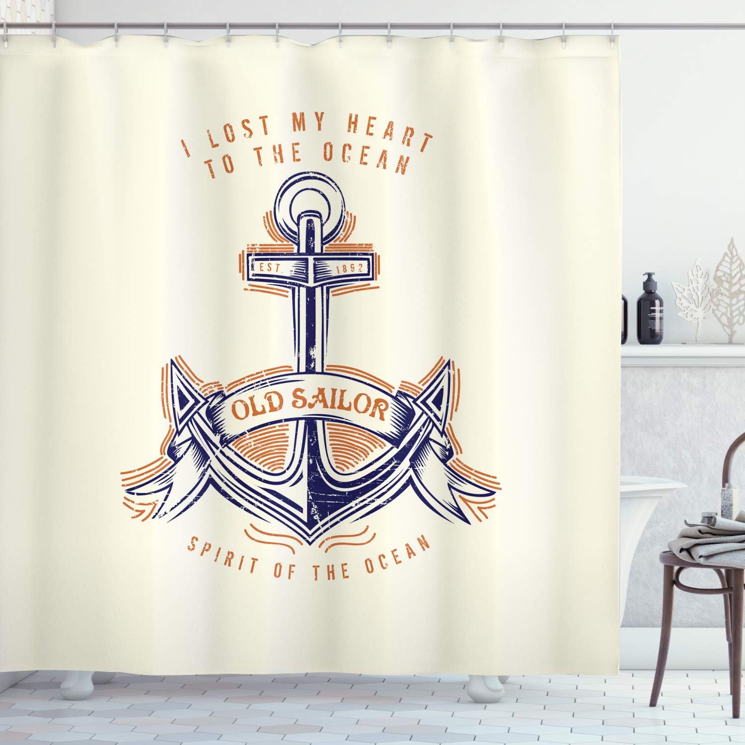 ABAKUHAUS Anchor Fabric Shower Curtain | Vintage Nautical Decor with Hooks