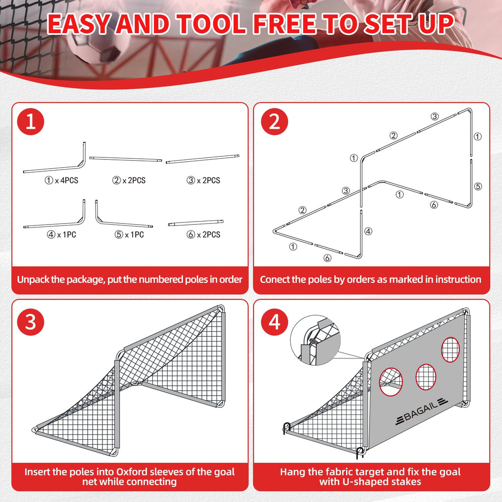 BAGAIL 2-in-1 Soccer Goal with Target | Portable 6x4ft Football Training Net