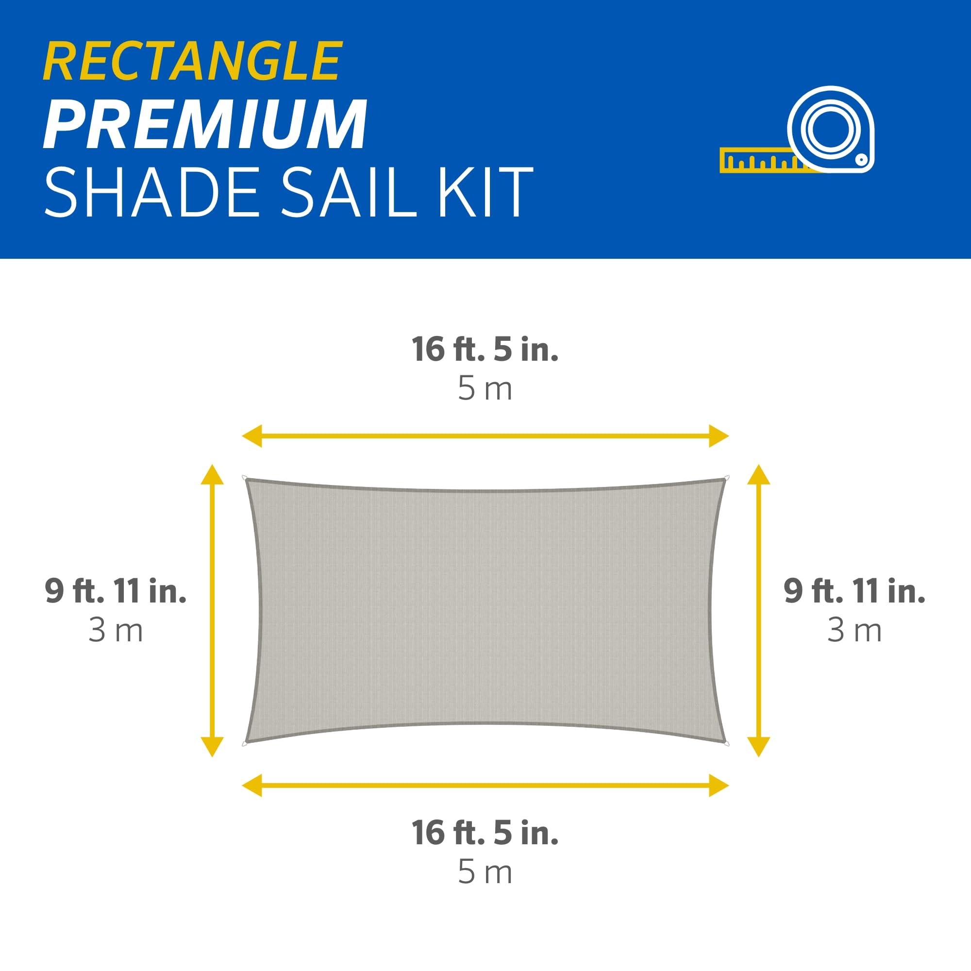 Coolaroo Premium Shade Sail Kit | 16'5"x9'11" Rectangle HDPE Canopy, Stone