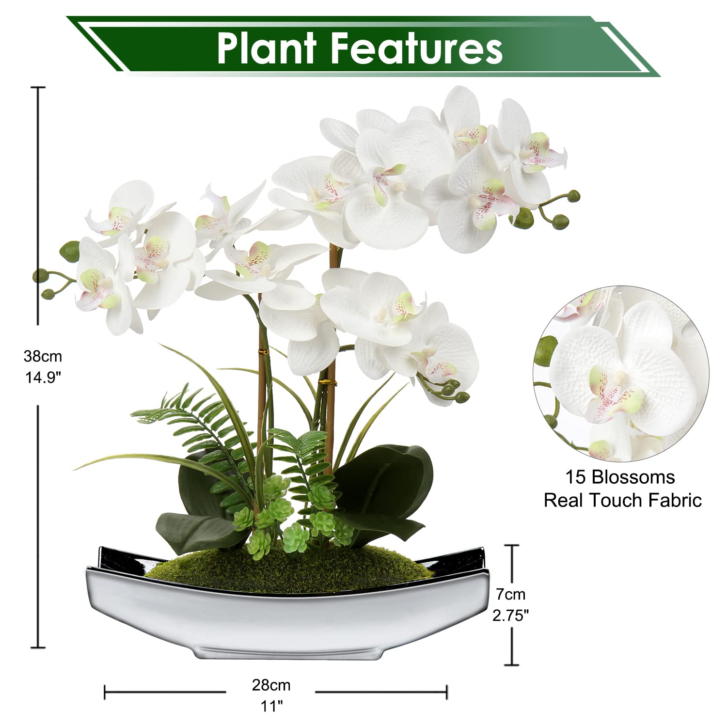 Briful 15" Artificial Phalaenopsis Orchid Bonsai in Silver Pot – Silk Flowers