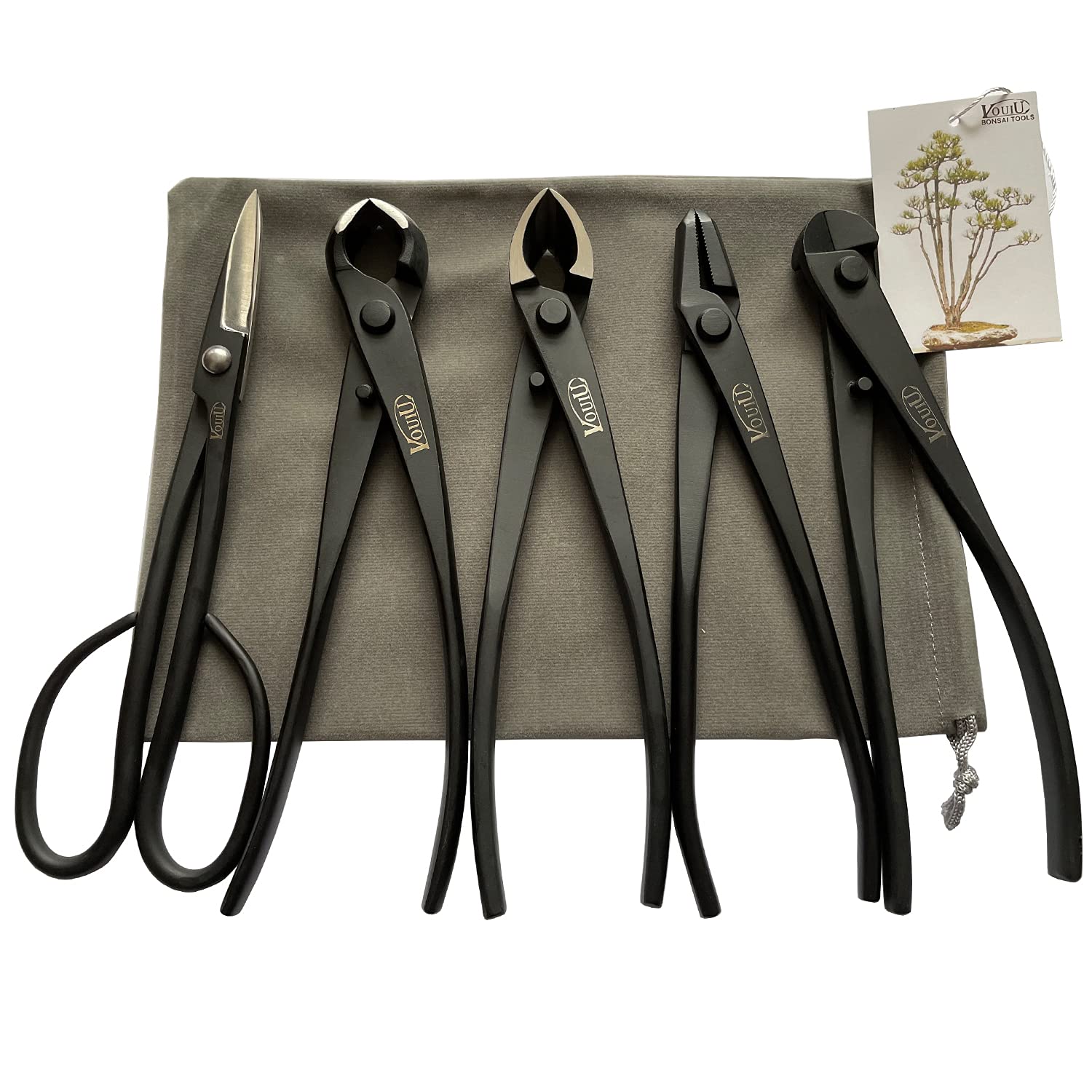 Vouiu 5-Piece Stainless Steel Bonsai Tool Set with Black Coating – 210mm