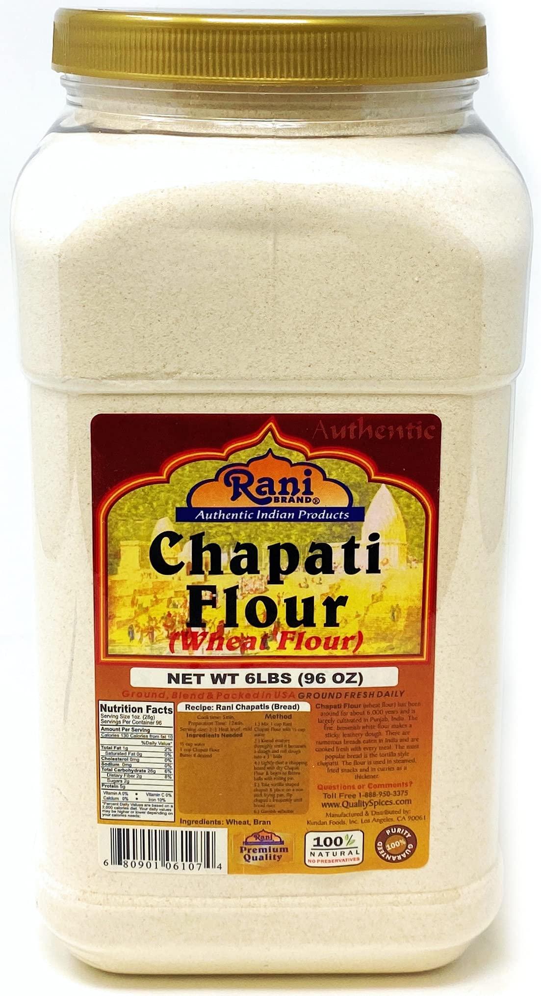Rani Whole Wheat Chakki Atta - Chapati Flour for Roti, 6lbs PET Jar