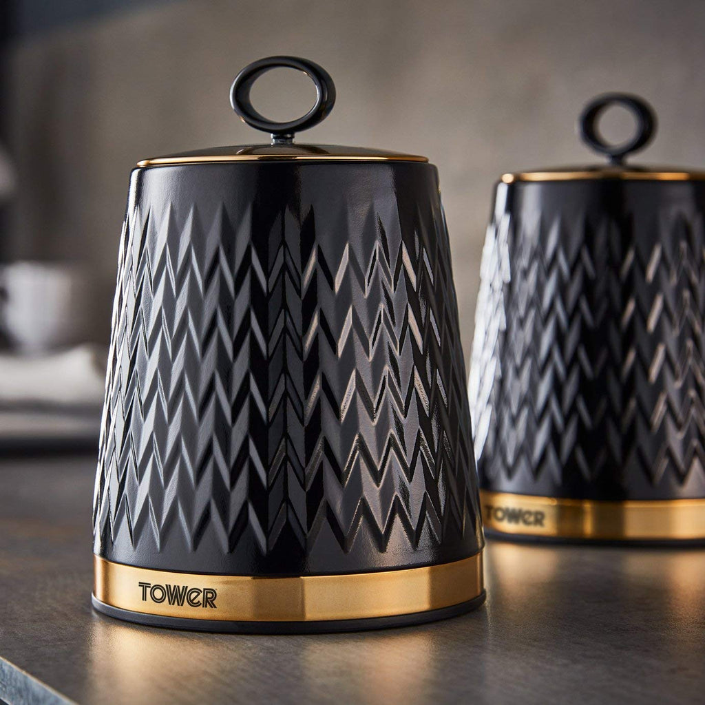 Tower Empire Set of 3 Tea Coffee Sugar Canisters, 1.3L – Black and Brass