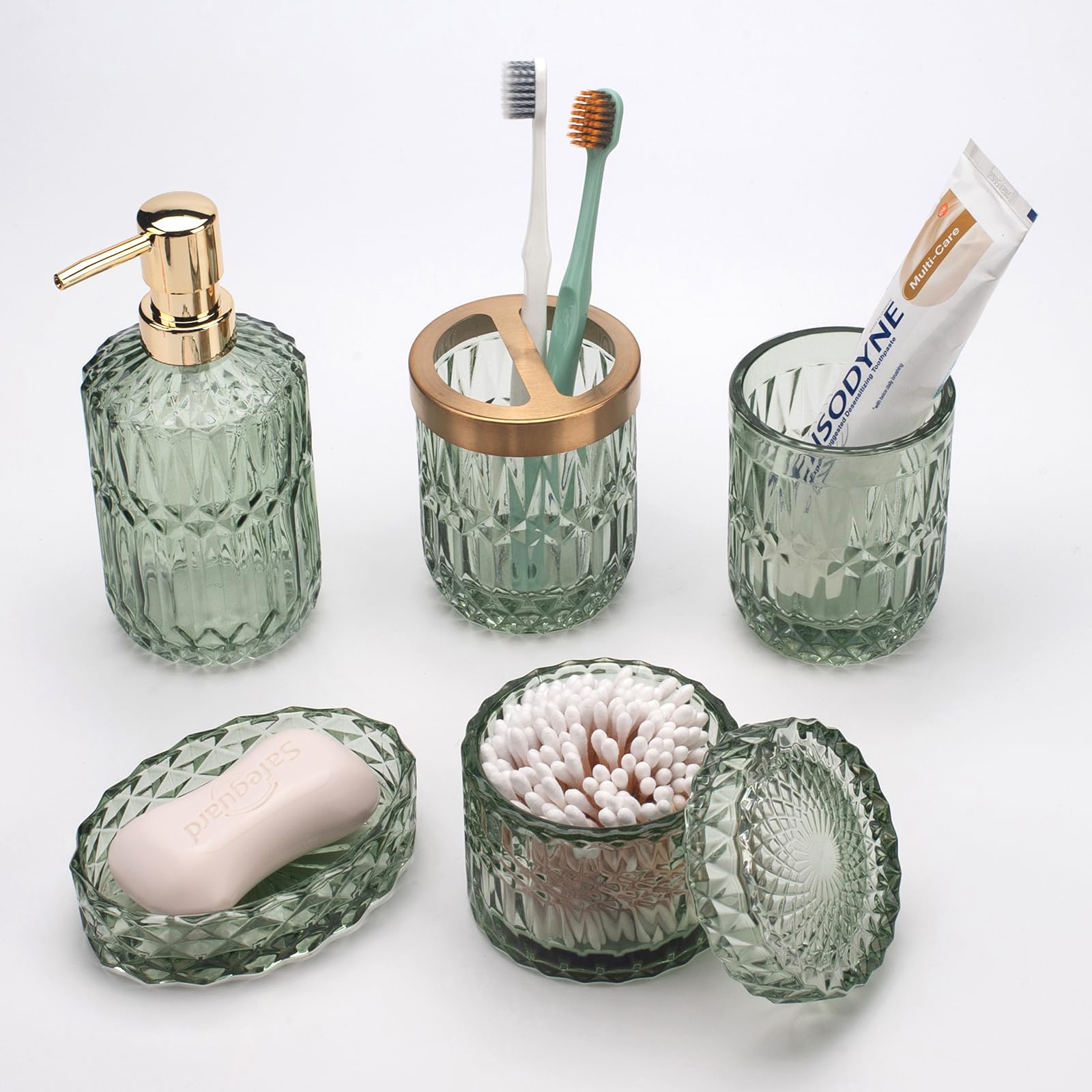 5-Piece Green Glass Bathroom Accessories Set – Vintage Decor