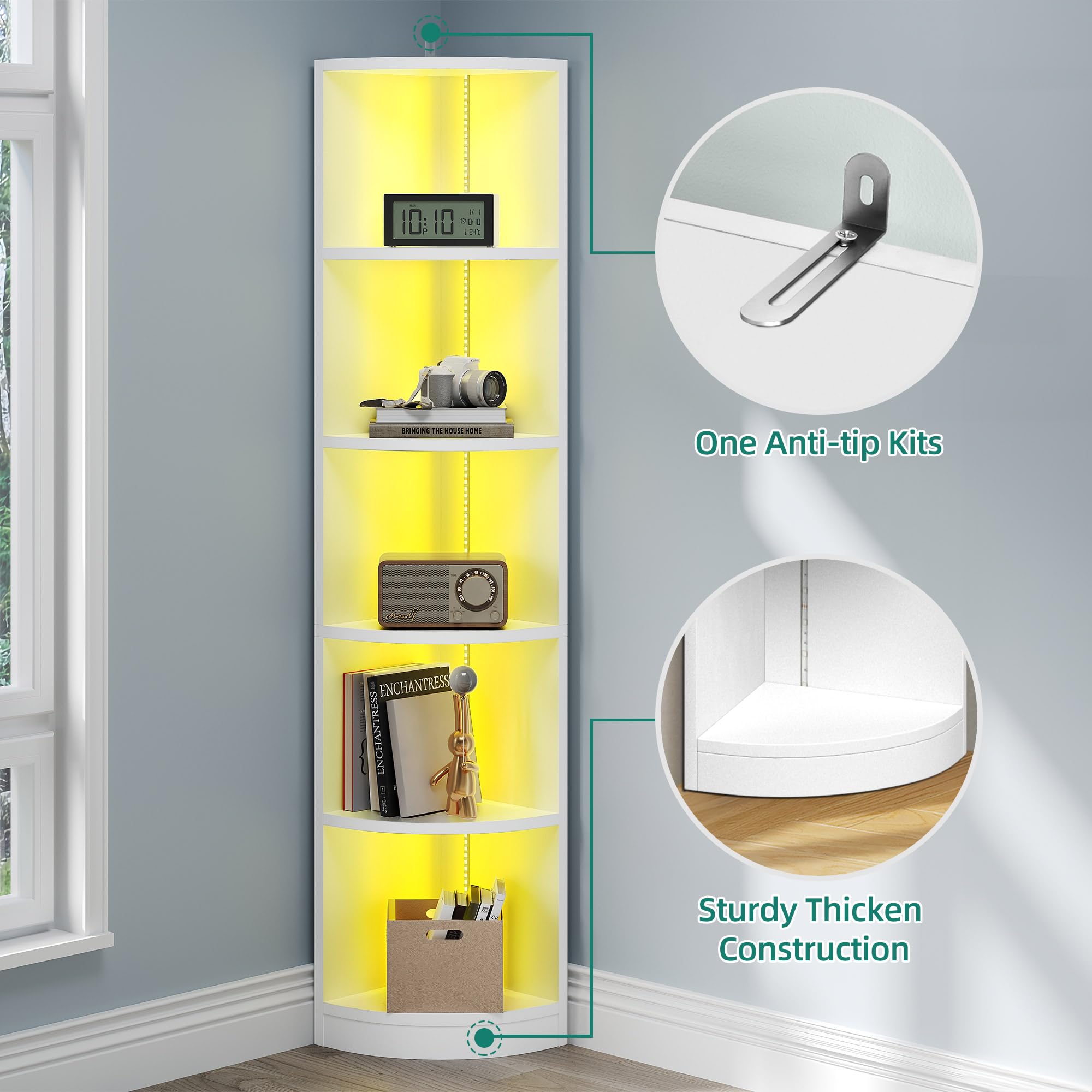 YITAHOME 5-Tier Corner Bookshelf with LED Music Sync Lighting – Black