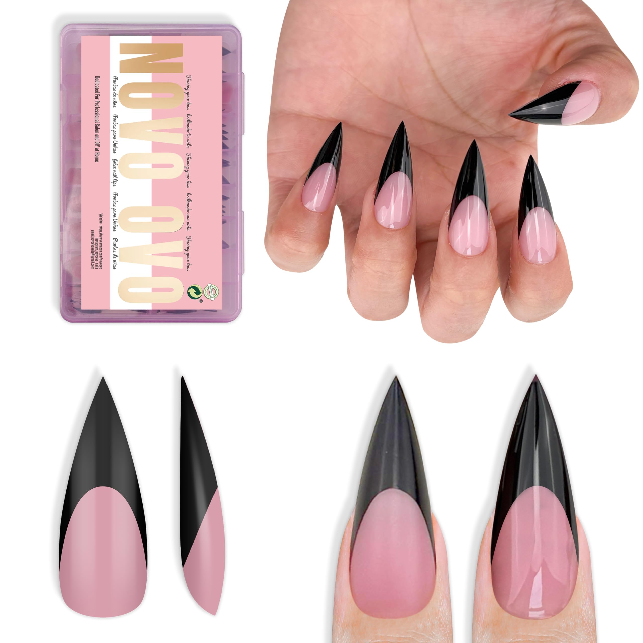 NOVO OVO Black French Tip Stiletto Press On Nails - Soft Gel Full Cover