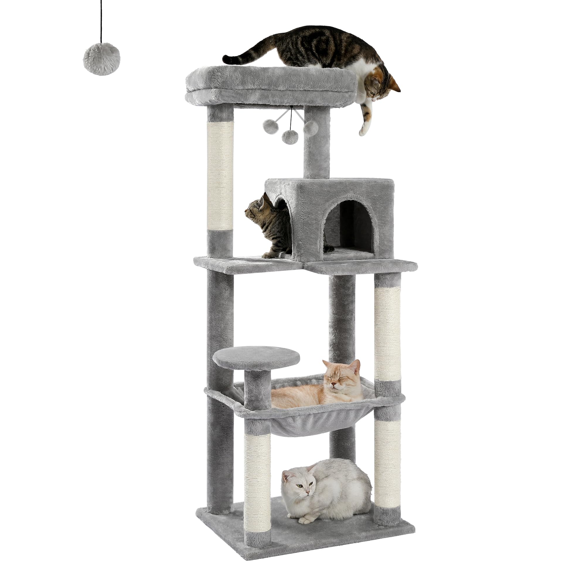 PAWZ Road 56" Multi-Level Cat Tree with Large Hammock & House - Grey