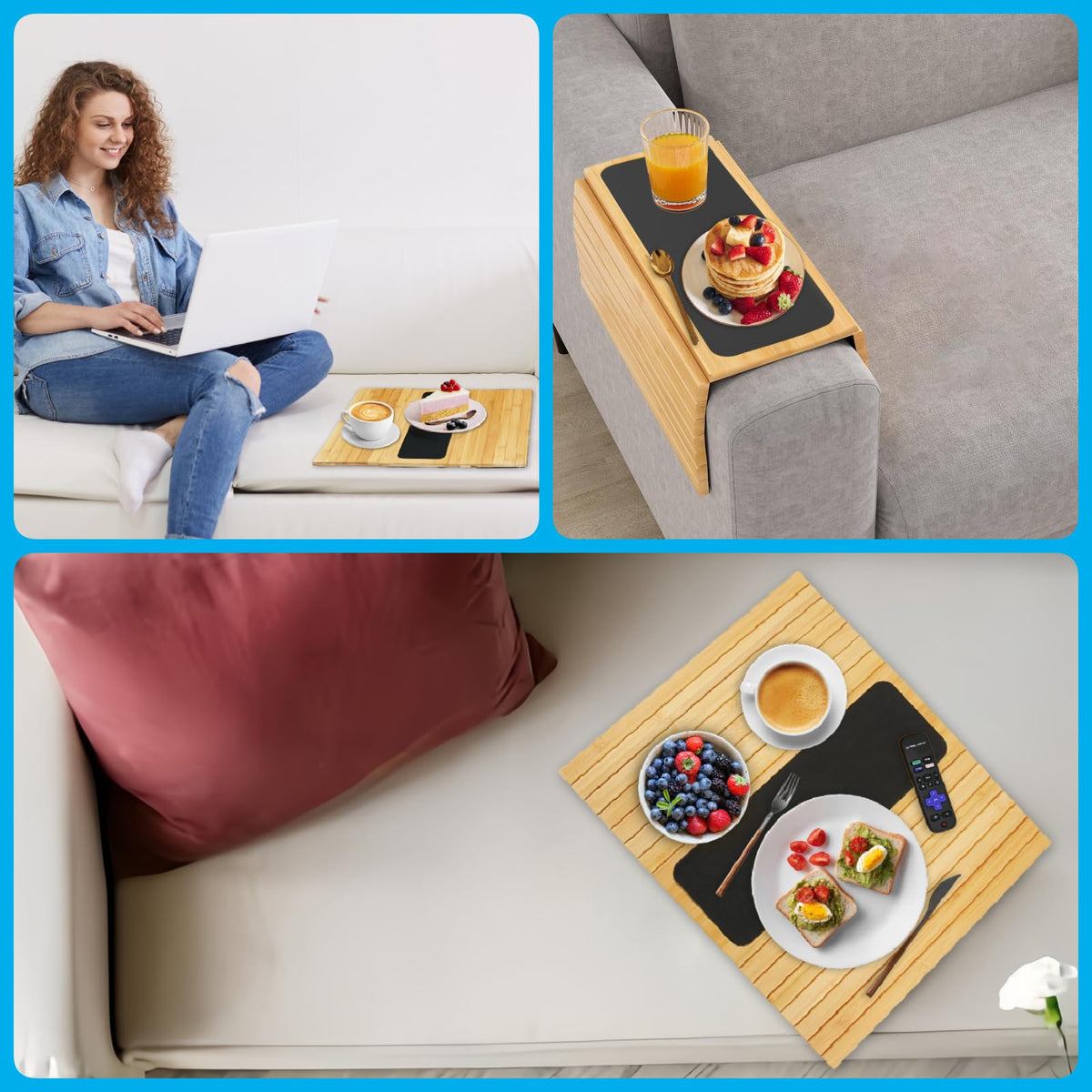 Bamboo Sofa Arm Tray Table - Anti-Slip Foldable Couch Sofa Armrest Tray, Removable Large Couch Cup Holder for Drinks Cup Cellphone Remote Snacks - image 4