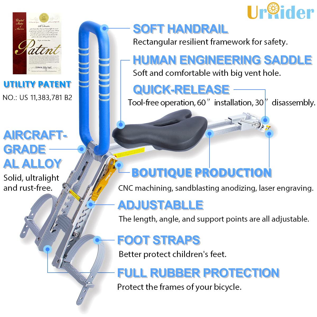 UrRider Front Mount Child Bike Seat – Portable Aluminum Seat for Ages 2-6