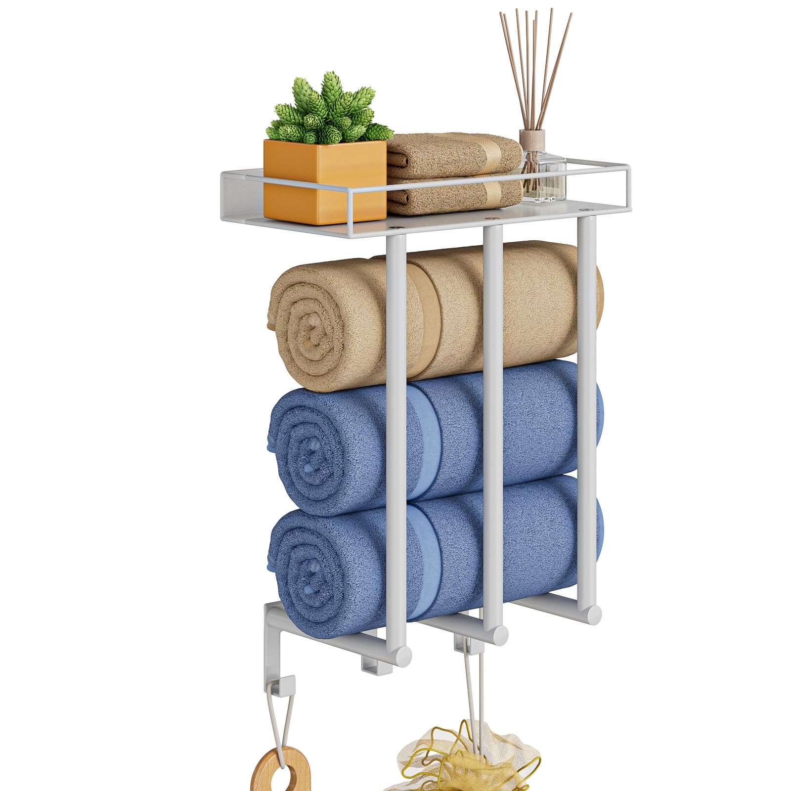 Wall Mounted Metal Towel Rack with Shelf and 3 Hooks - White