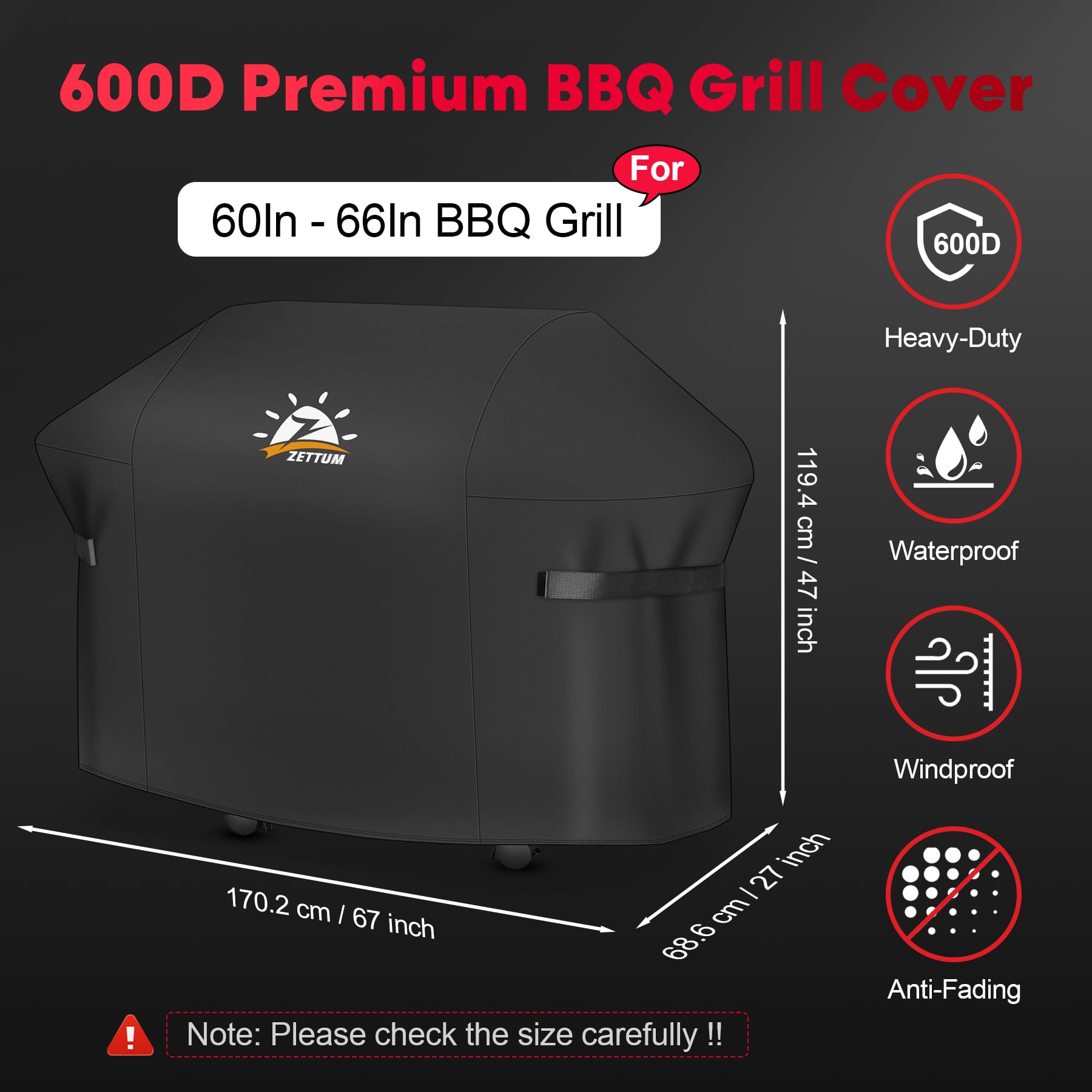 Zettum BBQ Grill Cover | 170cm Heavy Duty Waterproof 600D Oxford Cloth