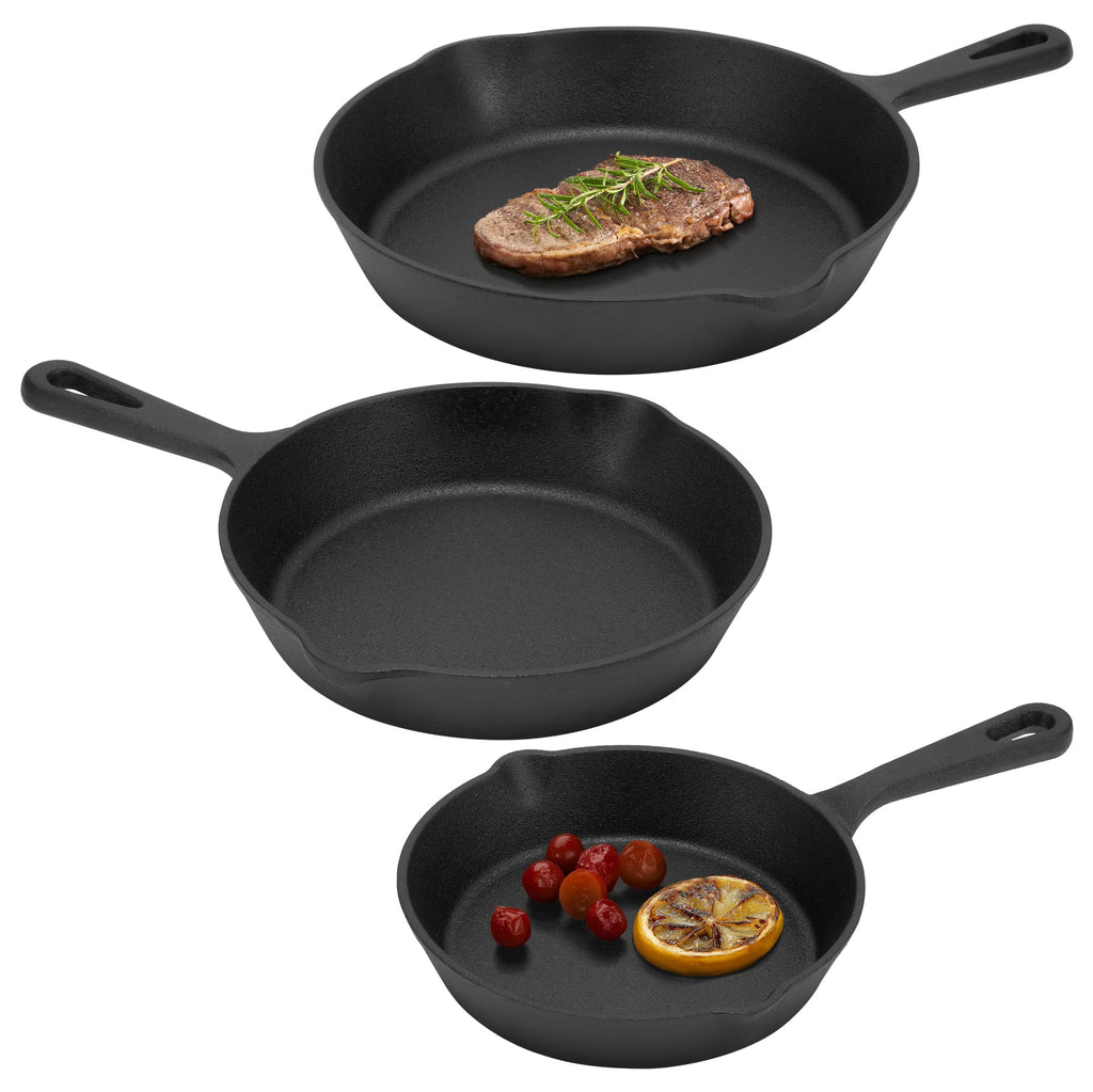 Navaris Cast Iron Skillet Set – 3 Piece Durable Frying Pan Set