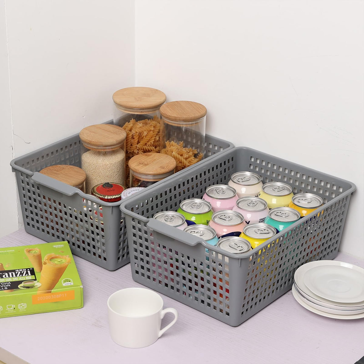 Afromy Set of 3 Plastic Storage Baskets, Rectangular Weave Storage Basket Bin, Grey - image 5