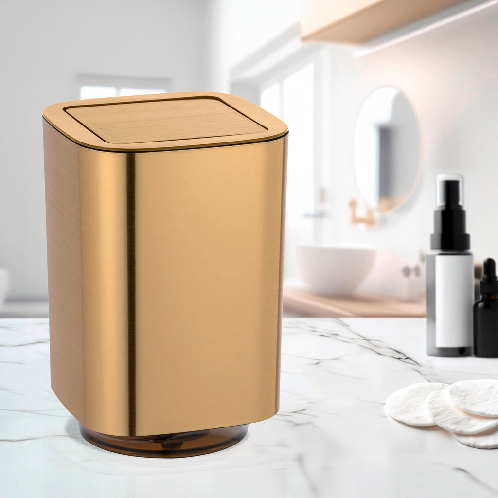 WENKO Auron Gold Cosmetic Bin – 5.5L Modern Bathroom Wastebin with Swing Lid