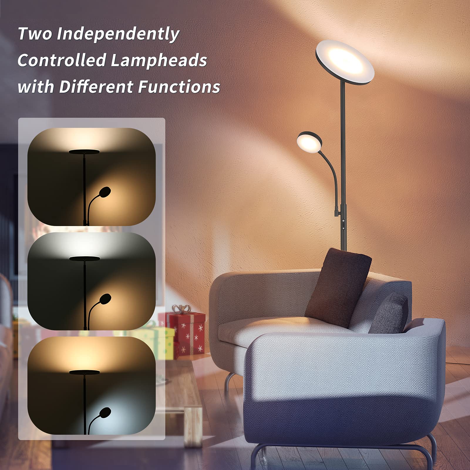 Tomshine LED Uplighter Floor Lamp - Dimmable 2-in-1 Standing Reading Light