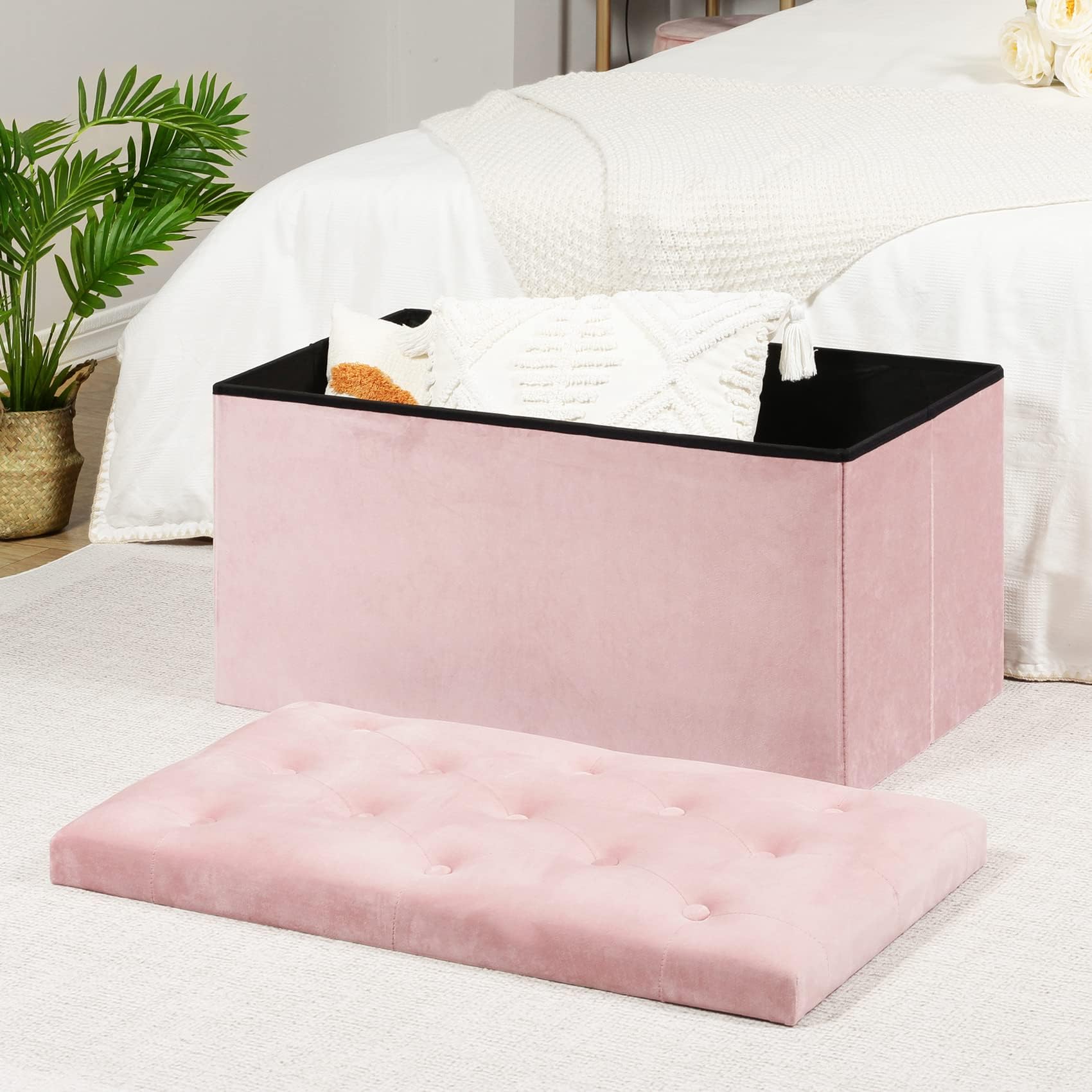 Bonlife Pink Velvet Folding Storage Ottoman Bench - 80cm Toy Chest Seat