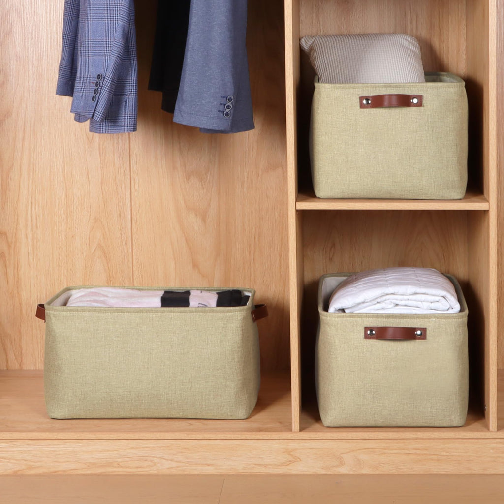 Syeeiex Large Storage Baskets for Shelves with Leather Handle, 3 Pack Fabric Stoarge baskets for Organizing Home, Toys, Office, Clothes Natural