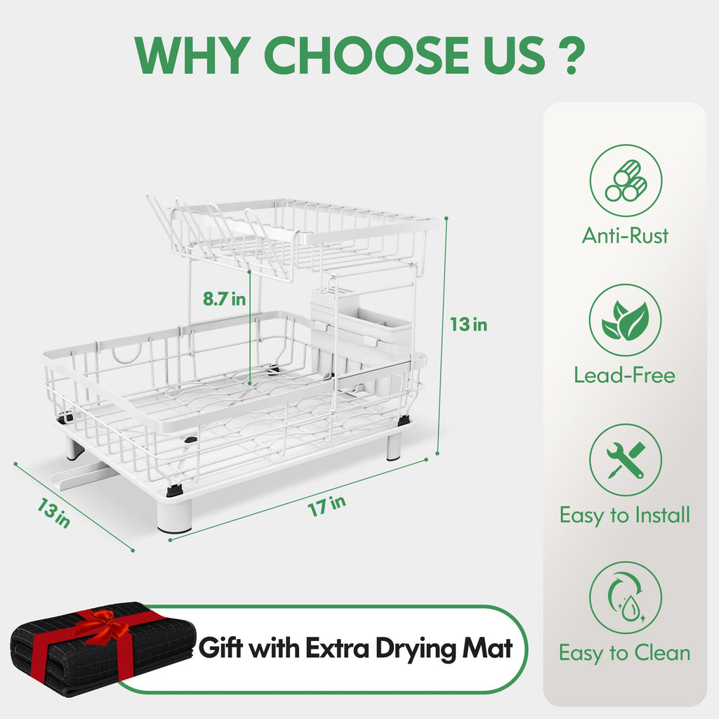2-Tier Stainless Steel Dish Drying Rack with Swivel Spout