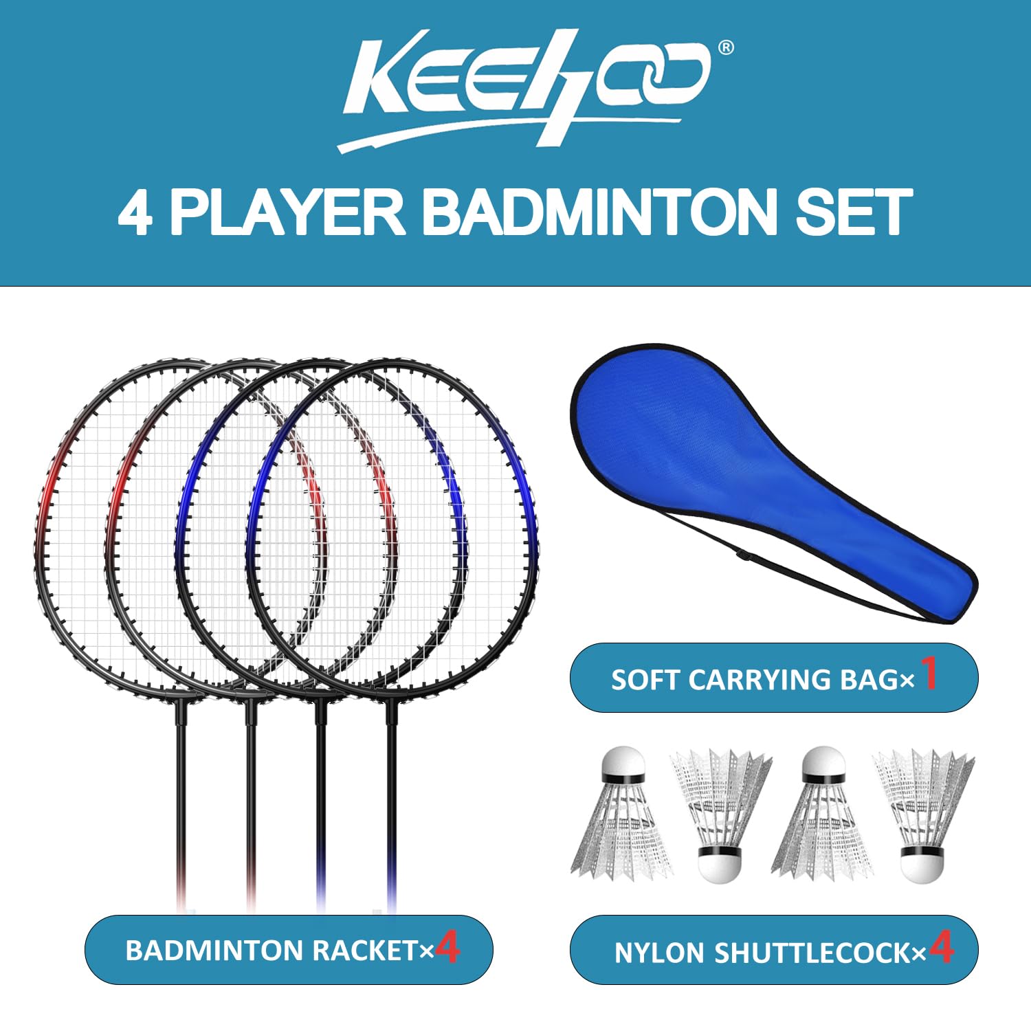 Keehoo Badminton Rackets Set of 4 | Steel Frame with Shuttlecocks & Bag