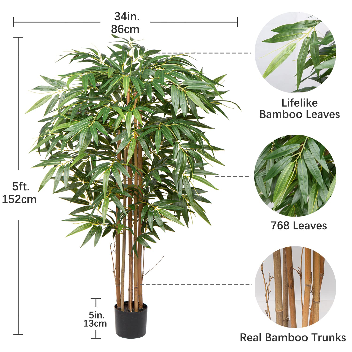 Hollyone 5ft Artificial Bamboo Tree | Tall Faux Plant with Real Wood Trunks