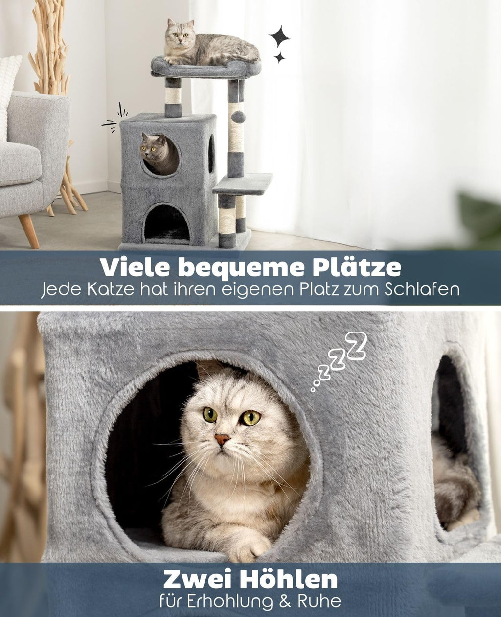 lionto Cat Scratching Tree - 80cm Cat Tower with 2 Caves & Sisal Rope