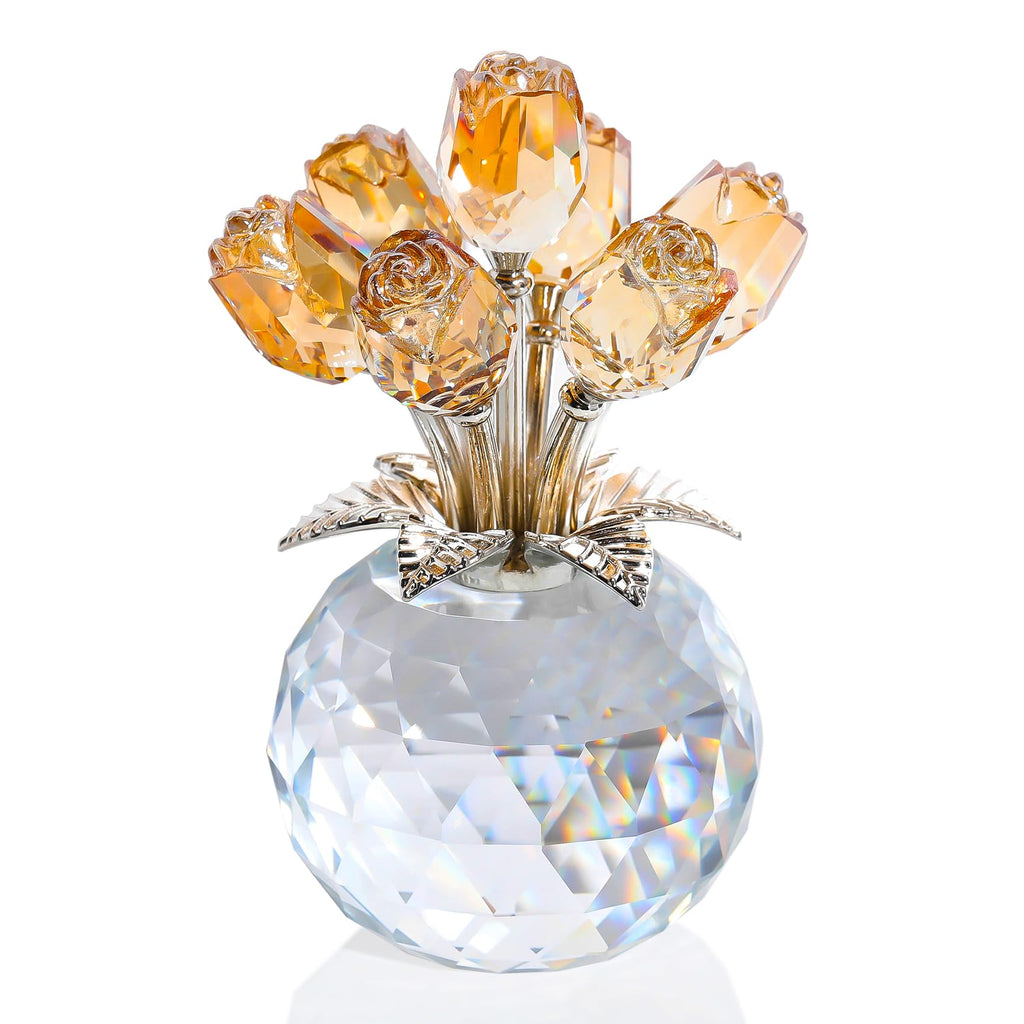 Ornalrist Crystal Gold Roses Figurine | K9 Glass Flower Bouquet with Vase