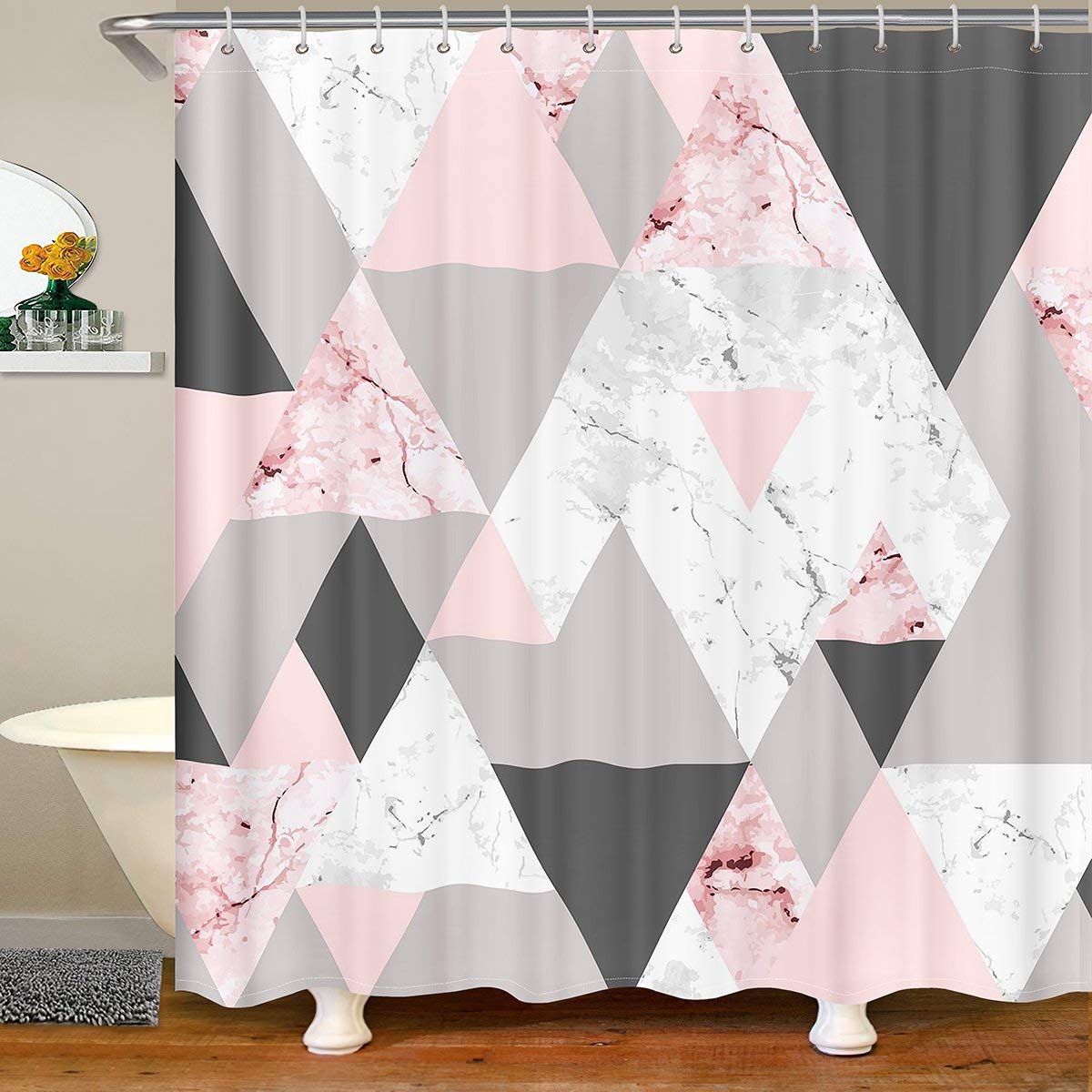 Jolof Store Pink Marble Shower Curtain – Waterproof Geometric Art with Hooks