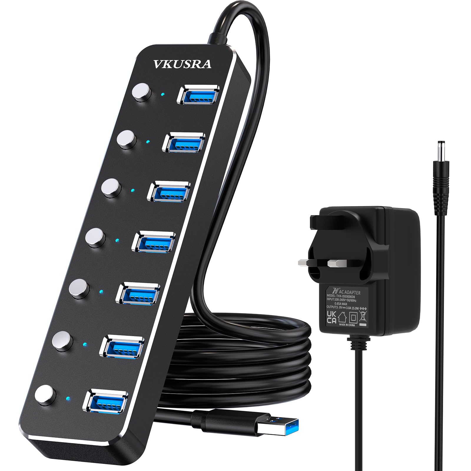 VKUSRA Powered USB 3.0 Hub | 7-Port Aluminum Data Hub with 5V3A Adapter