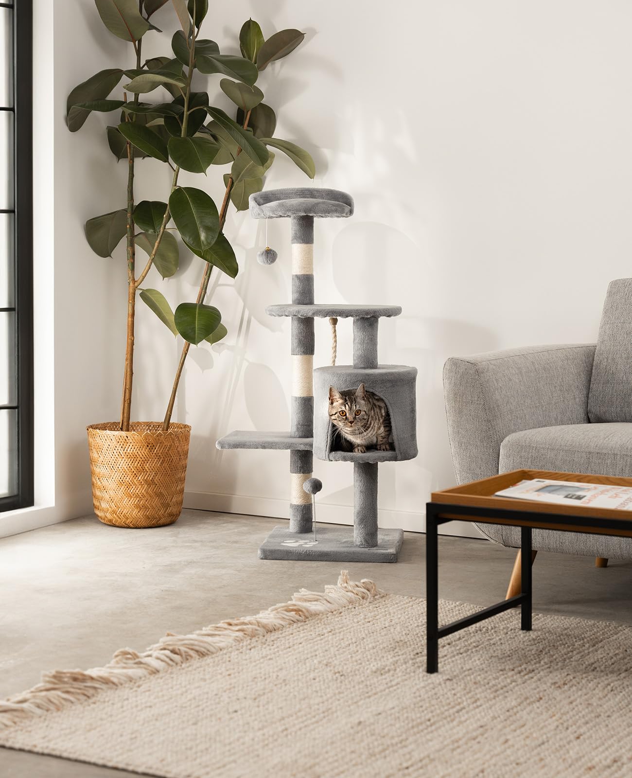 lionto Cat Tree with Sisal Scratching Post, Cave & Play Rope – 112 cm