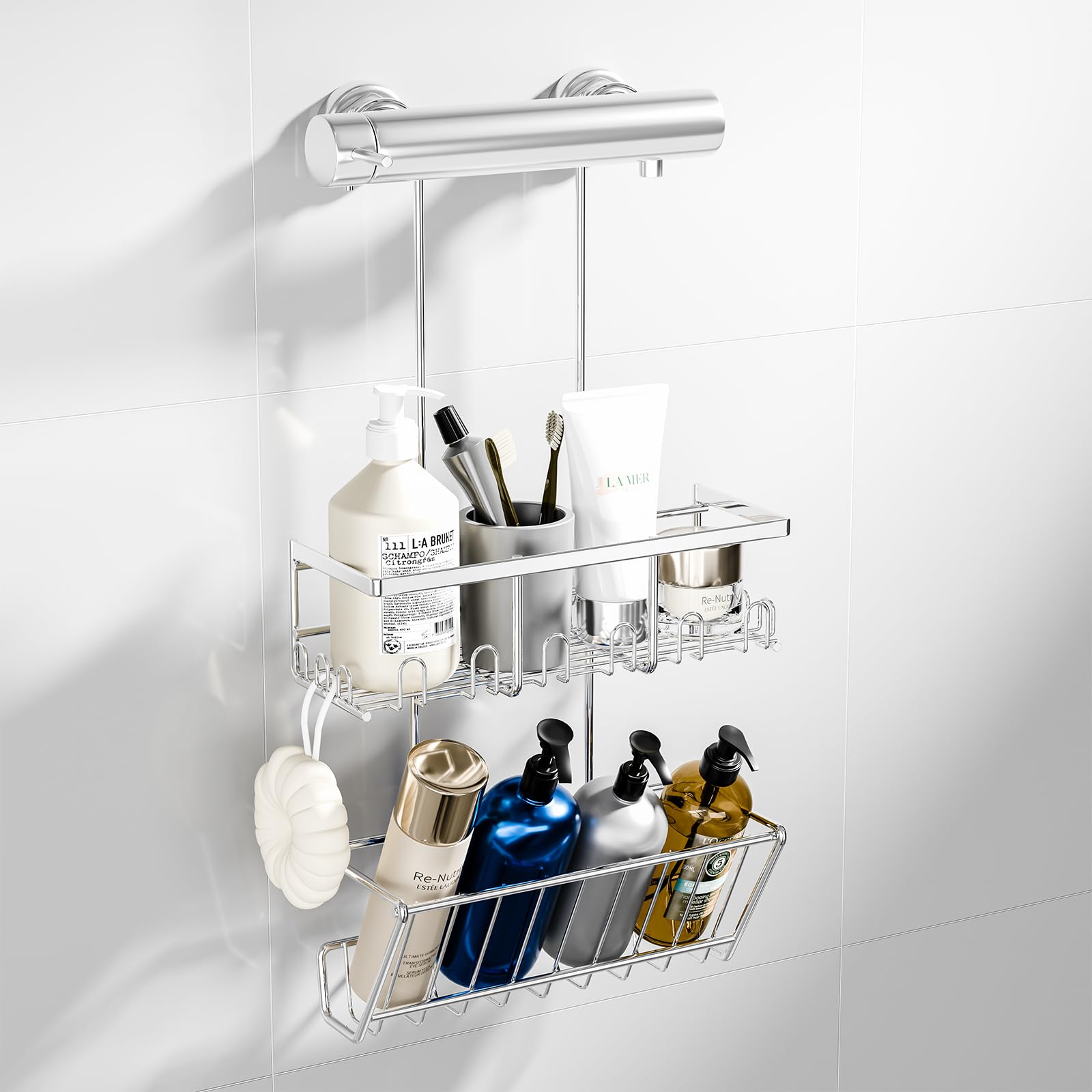 HouseUp 2-Tier Hanging Shower Caddy – Rustproof No-Drill Bathroom Shelf