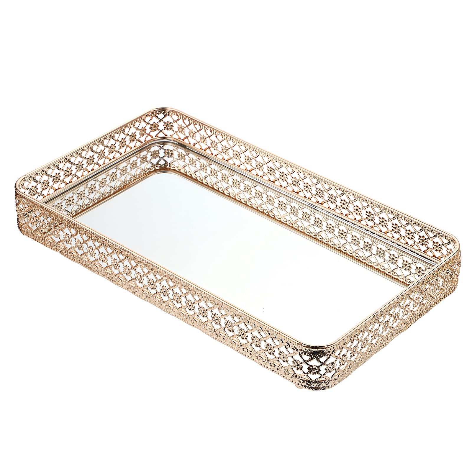 BSTKEY Gold Mirror Vanity Tray – 35x20cm Metal Jewelry Organizer