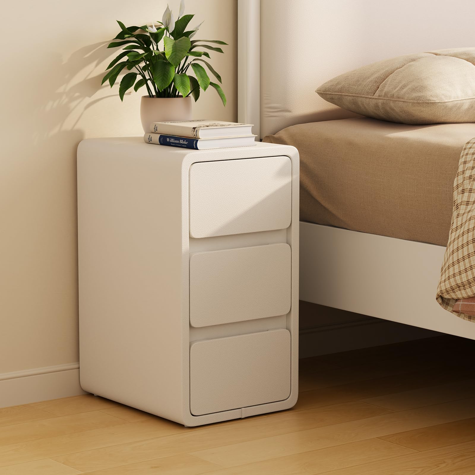 AQIMUELE Narrow Bedside Table - 3 Drawer Slim Leather Nightstand, White