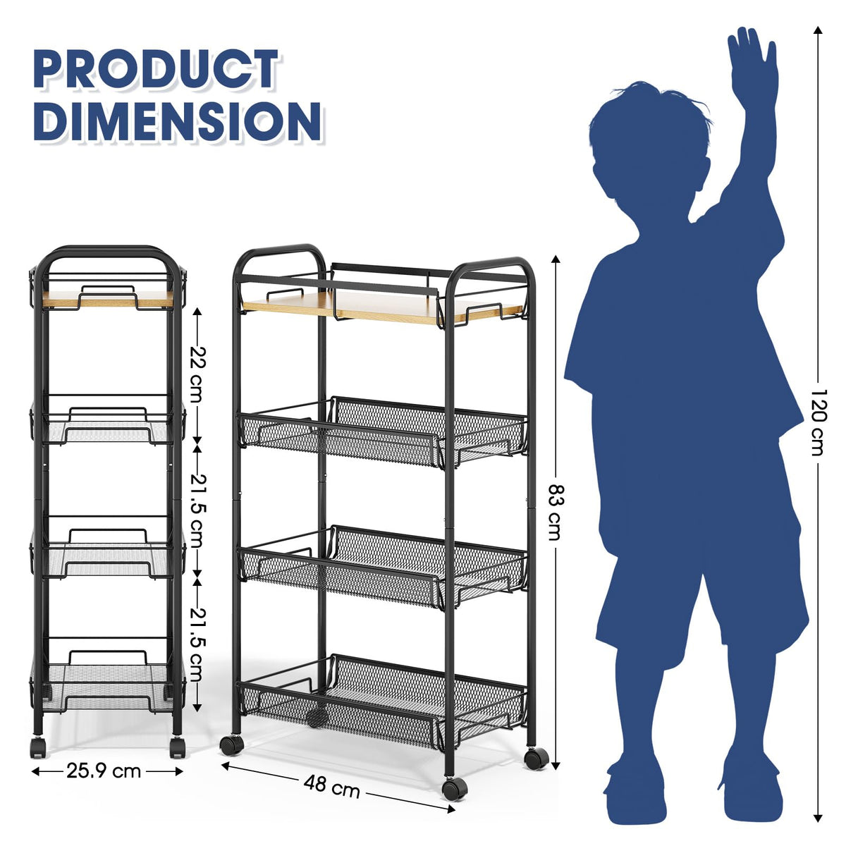 KINGRACK 4-Tier Rolling Cart with Wooden Tabletop & Mesh Baskets, Slide Out Metal Utility Cart
