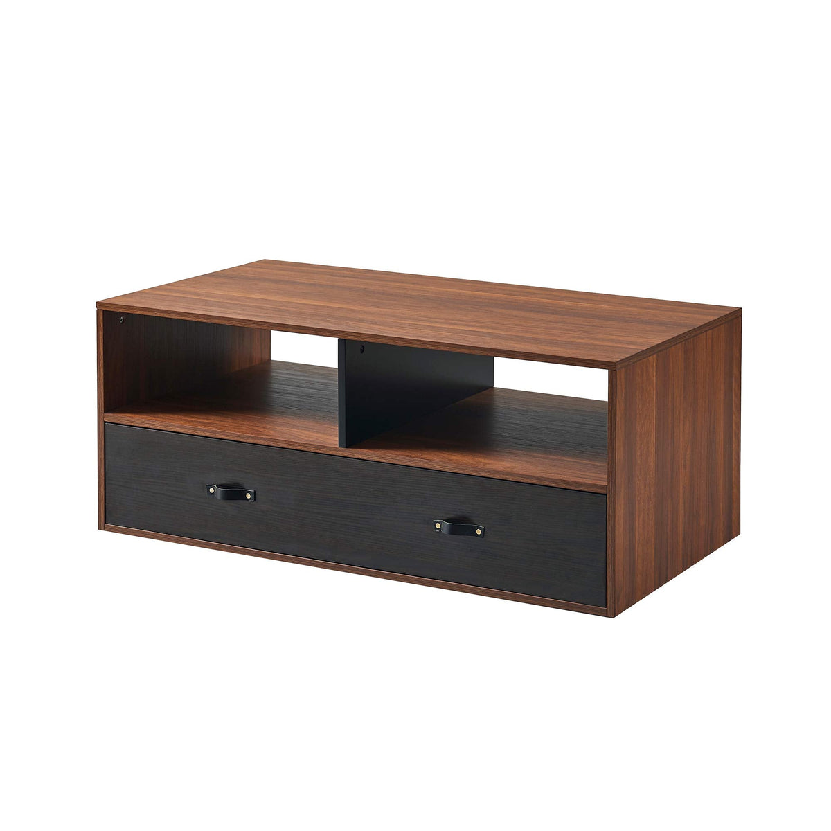 Teamson Home Modern Wooden Rectangular Coffee Table with Drawers and Storage with Leather Handle, Multi Function Coffee Table or TV Stand, Brown/Black