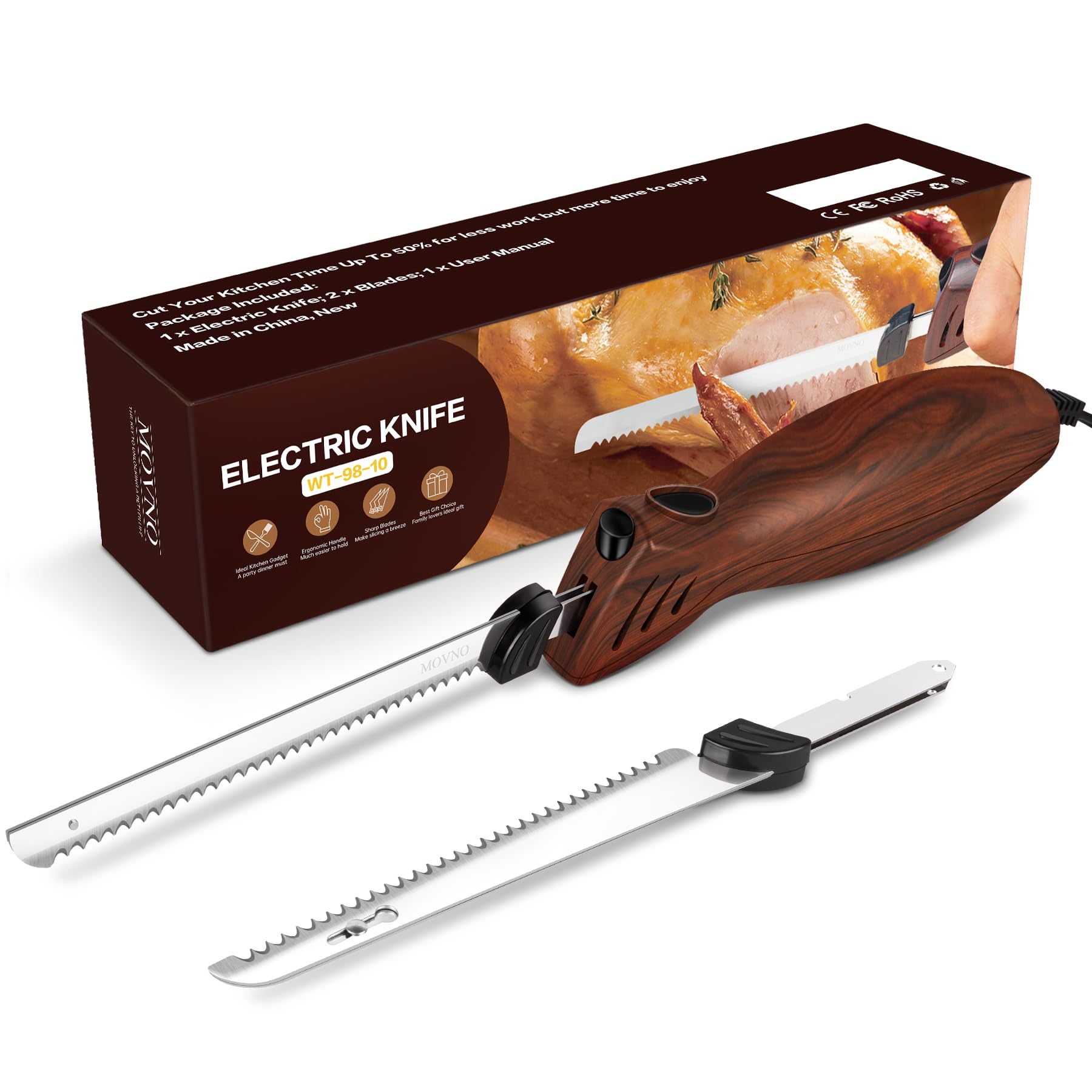 MOVNO Electric Knife – Stainless Steel Slicer for Meat, Bread & Turkey