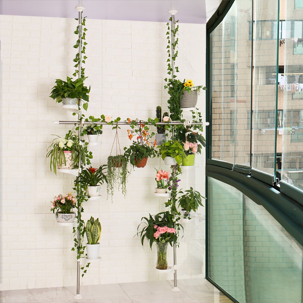 BAOYOUNI Tension Pole Plant Stand | 12-Tray Metal Corner Flower Rack