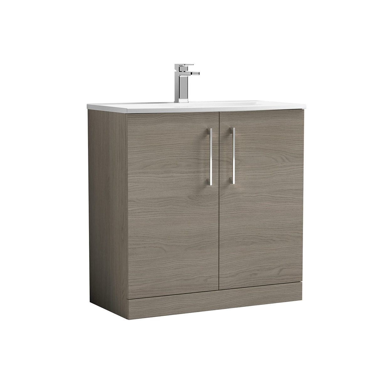 nuie ARN2505G Arno Modern Bathroom Floor Standing 2 Door Vanity Unit with Curved Ceramic Basin, 800mm, Woodgrain Solace Oak - image 1