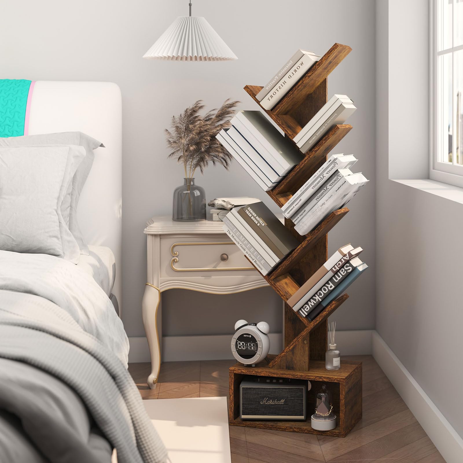 YMYNY 6-Tier Tree Bookshelf | Modern Wood Tall Bookcase with Drawer
