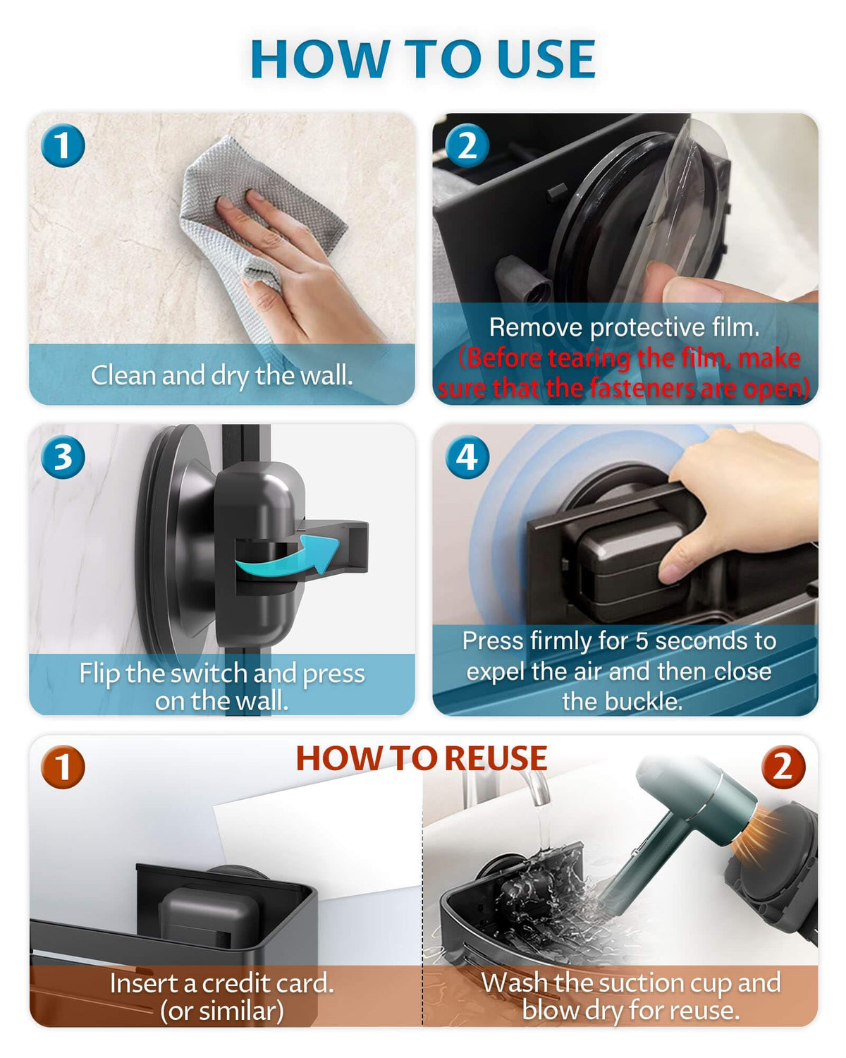 Onemake Suction Cup Shower Caddy, Shower Shelf, Bathroom Organiser, Gray - image 5