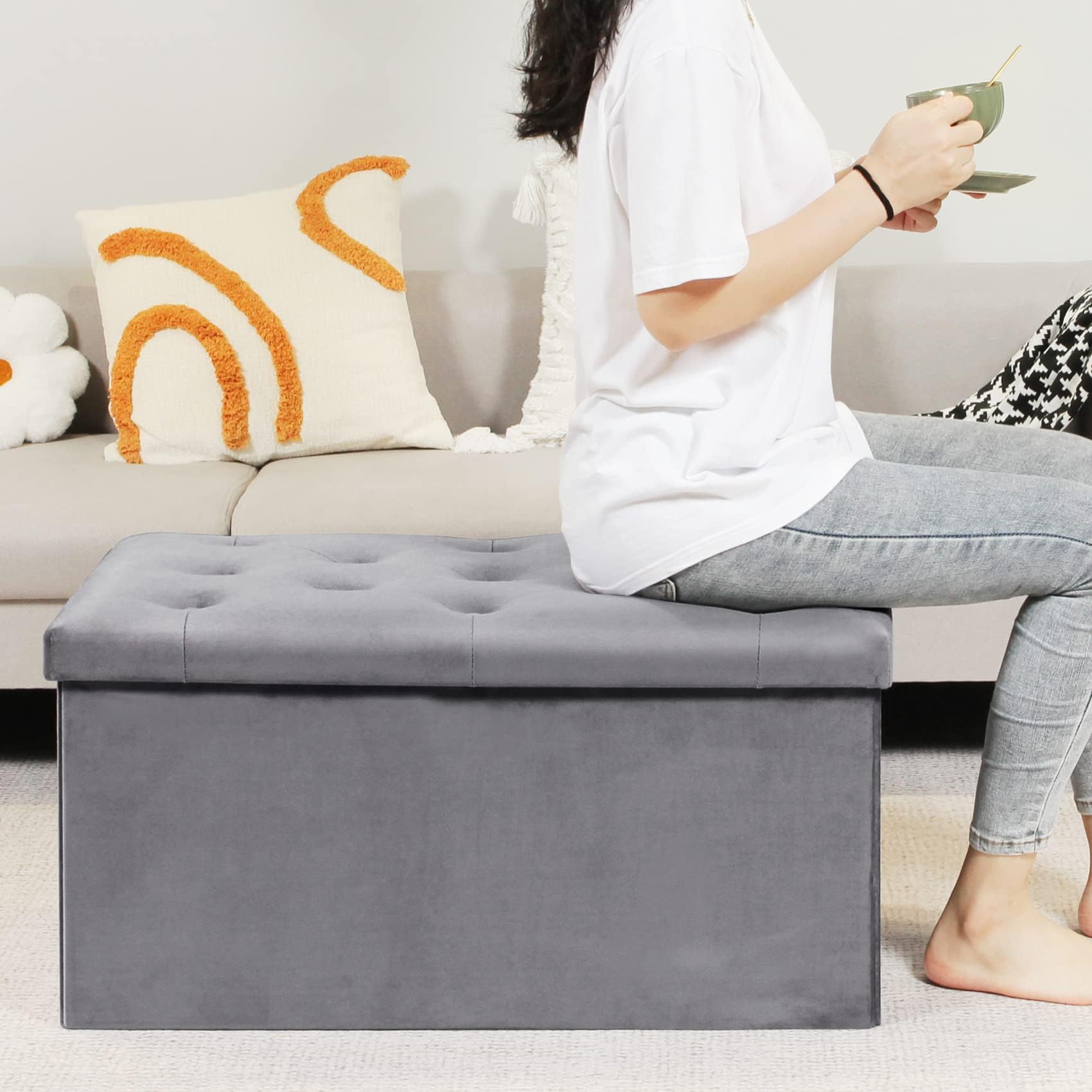 Bonlife Folding Velvet Ottoman Storage Bench | 80cm Footrest Toy Chest