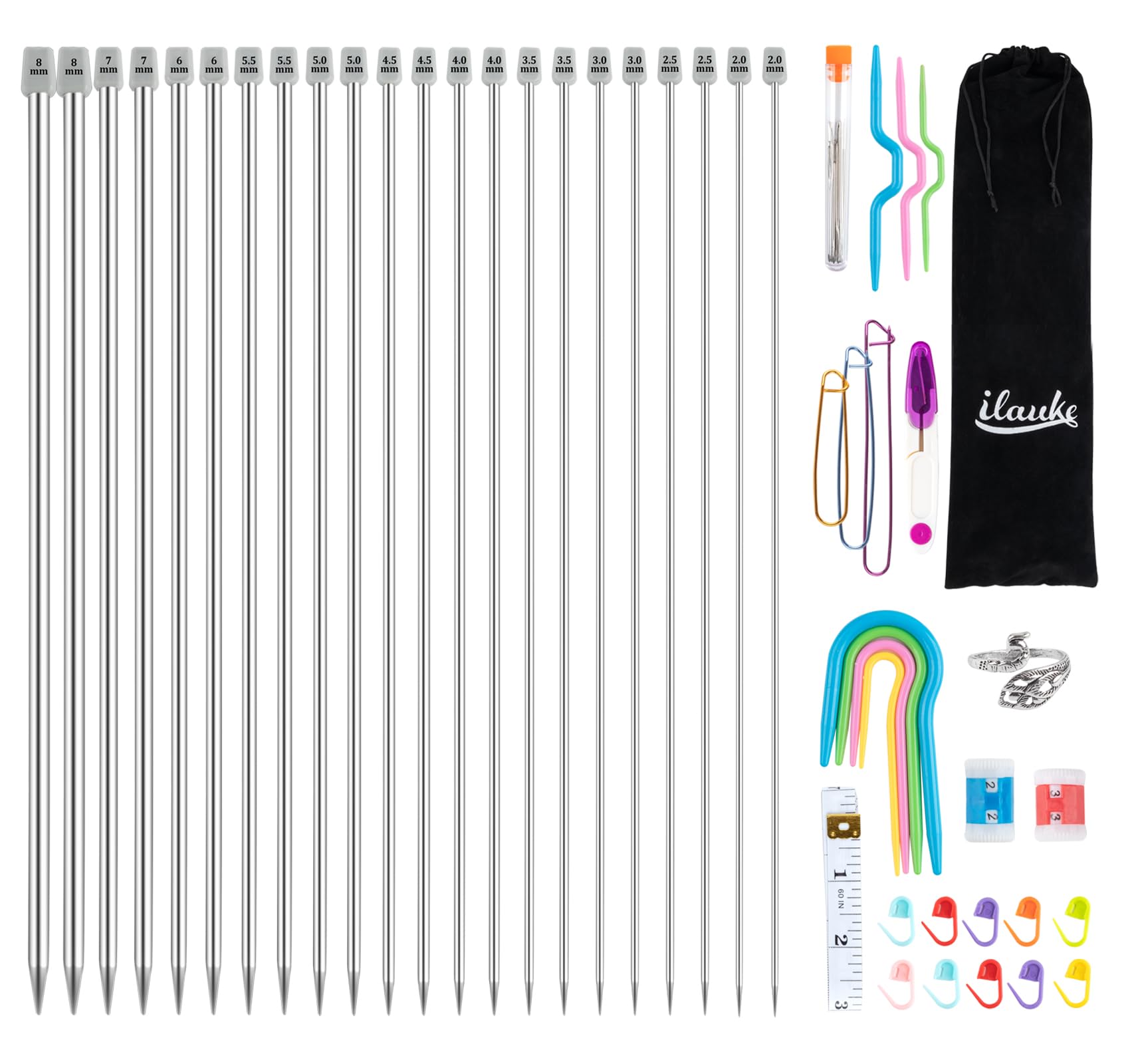 ilauke 56Pcs Stainless Steel Knitting Needles Set - 35cm Single Pointed
