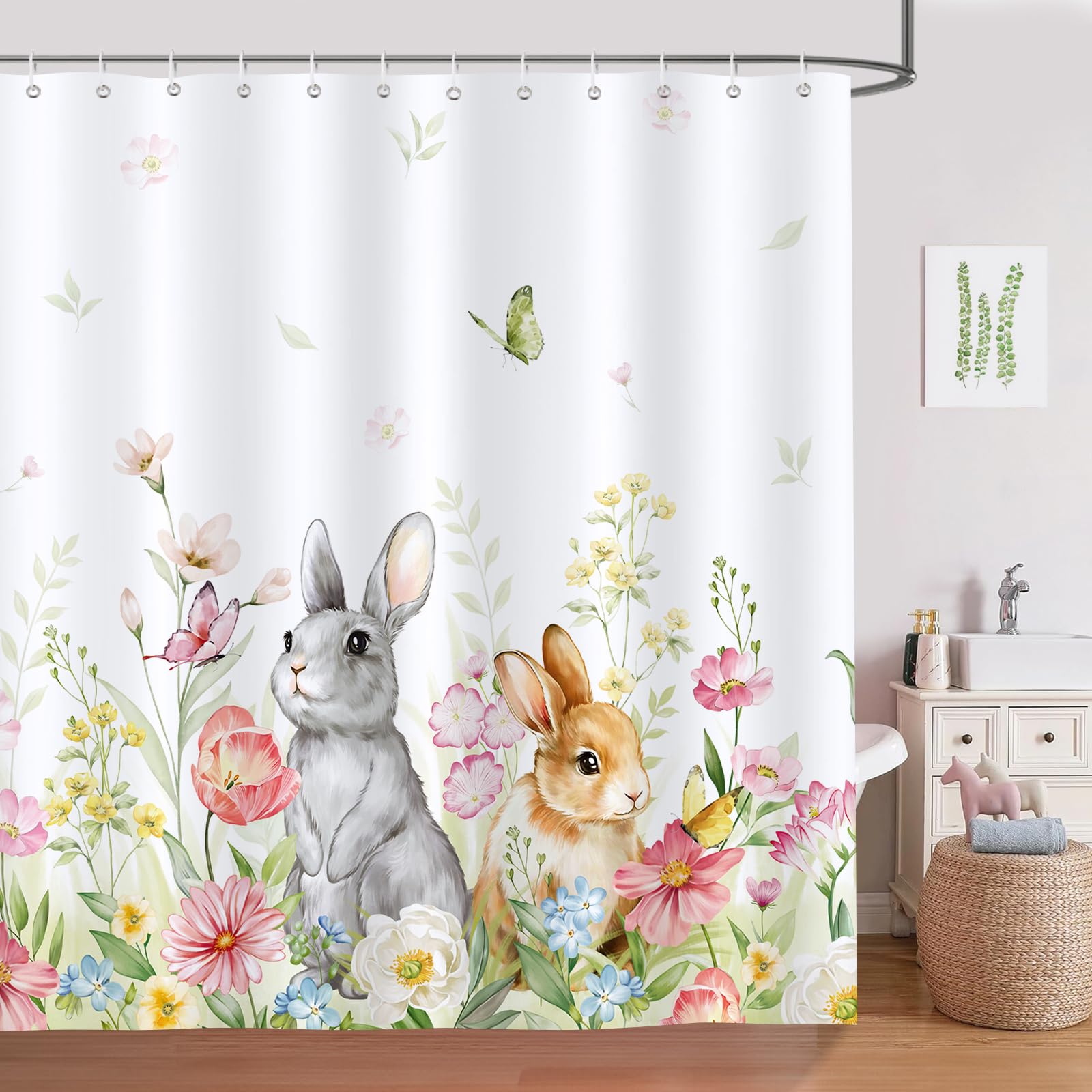 Bonhause Easter Bunny Shower Curtain | Waterproof Floral Spring Decor