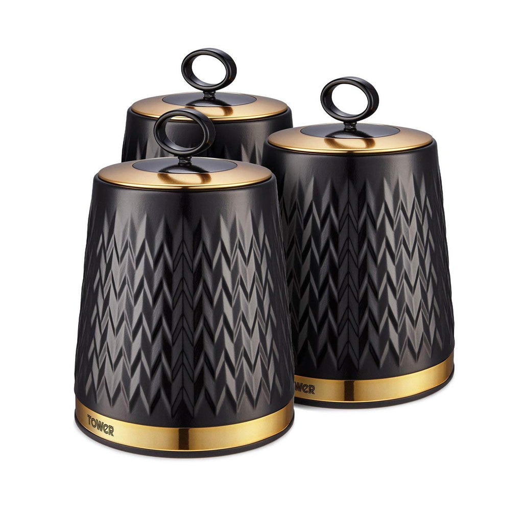 Tower Empire Set of 3 Tea Coffee Sugar Canisters, 1.3L – Black and Brass