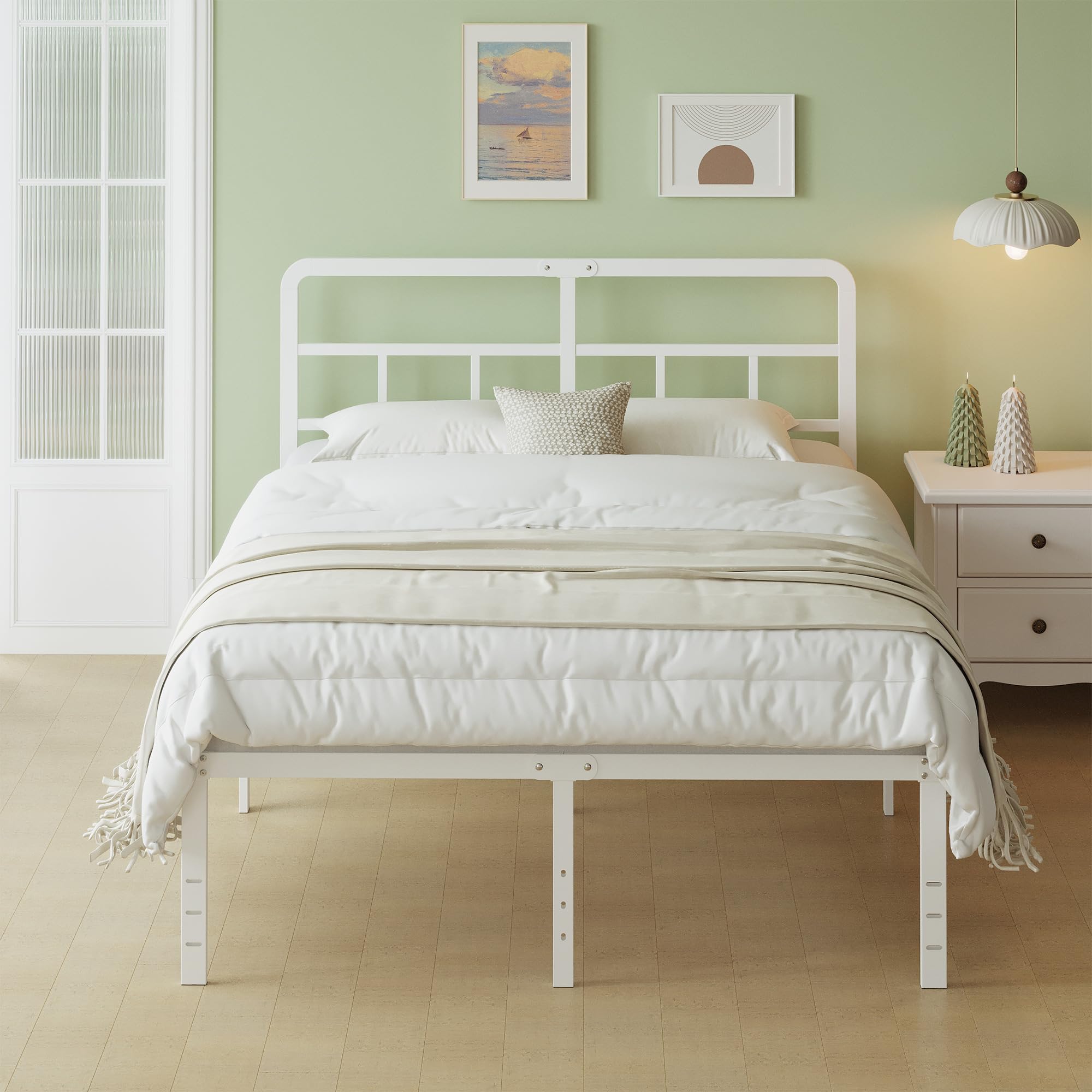 Lutown-Teen Metal Bed Frame | 160x190cm White Heavy Duty Platform Bed