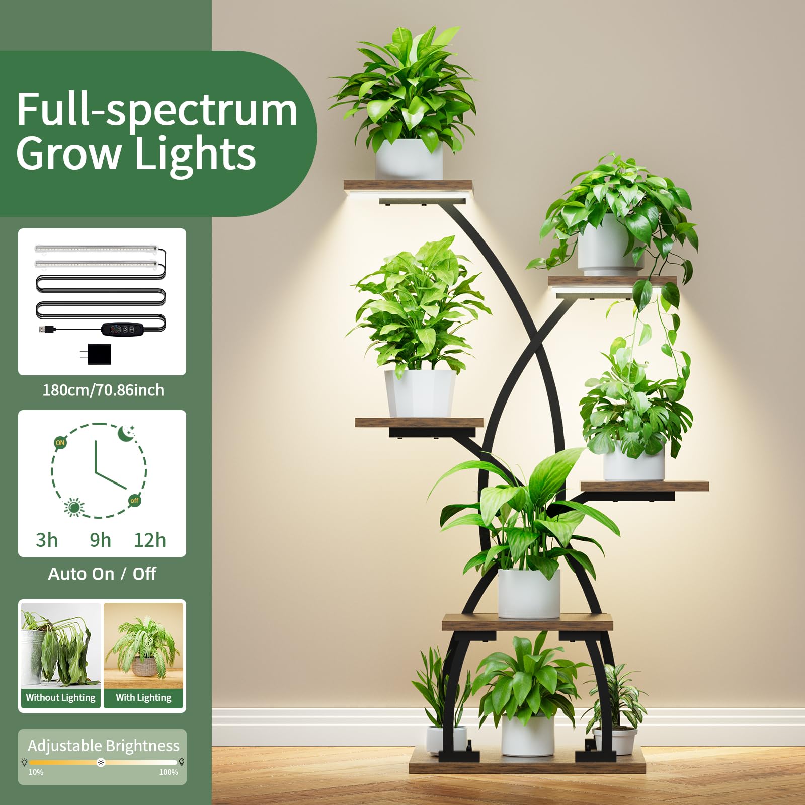 6-Tier Indoor Plant Stand with Grow Lights | 36" Metal Shelf