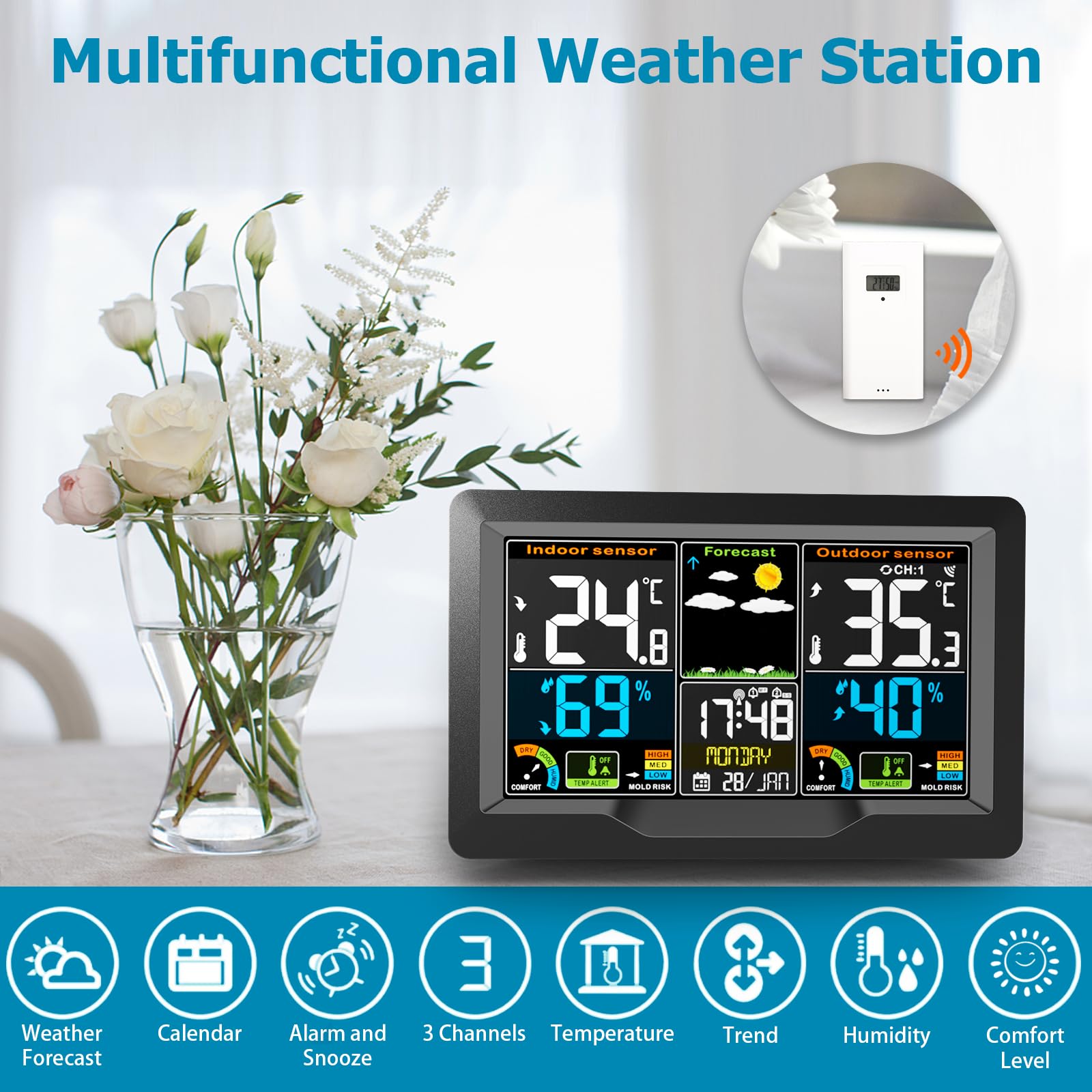 Qxmcov Wireless Weather Station – Large LCD Digital Thermometer & Sensor